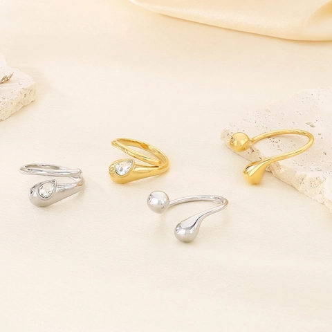 Mode Roestvrij Staal Waterdruppel Open Ring Voor Vrouwen Verstelbaar Minimalistisch Ingelegde Strass Slang Ontwerp Sieraden Cadeau