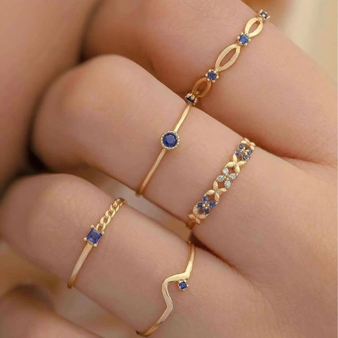 Kupfer Ring Set Mit Blauen Und Weißen Strasssteinen Geometrisches Design Eleganter Schmuck Für Damen