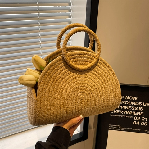 Große Gewebte Strohhandtasche Halbmond Strandtasche Sommerurlaub Lässig Vintage Handtasche Damen