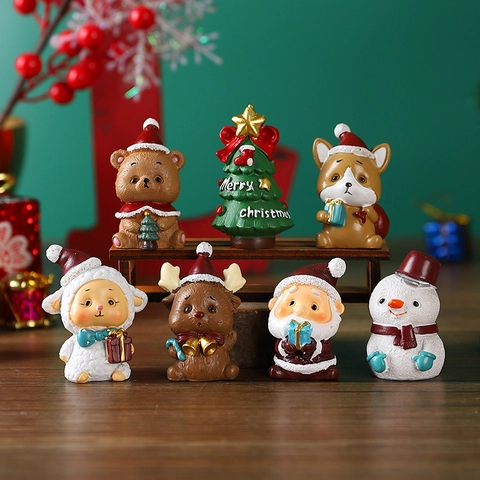 Christmas Mini Figurines Ornaments Resin Ceramic Santa Snowman Reindeer Animal Cute Cartoon Desktop Decor Holiday Gift