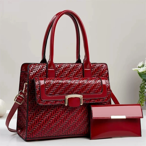Women Patent PU Leather Woven Pattern Large Capacity Tote Handbag And Clutch Wallet Elegant Minimalist Shiny Texture