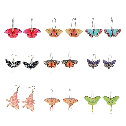 Boucles D'oreilles Papillon Mite Aile Acrylique Et Crochet En Alliage Motif Tête De Mort Luna Mite Coloré Pour Femmes