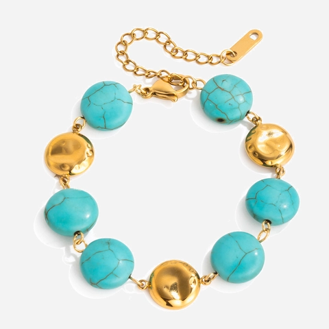 Bracciale In Acciaio Inossidabile Placcato Oro Martellato Con Perla Artificial Sintetica E Turchese Design Geometrico Per Donna