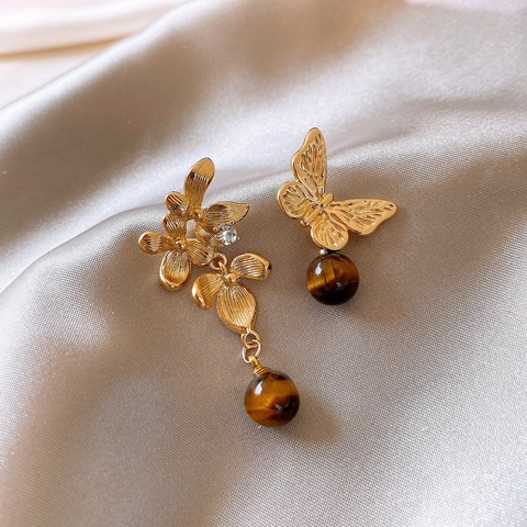 Boucles D'oreilles Pendantes Asymétriques Avec Pierre Oeil De Tigre Et Tige En Argent Alliage Fleur Papillon Style Rétro Élégant