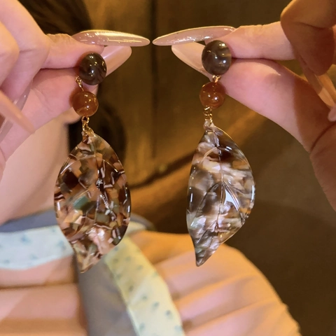 Leaf Pendant Drop Earrings Acetate Resin Vintage Ethnic Style Women Jewelry With 925 Sterling Silver Earring Post