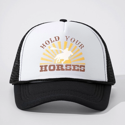 Hold Your Horses Retro Trucker Hat Polyester Mesh Ademend Verstelbaar Western Horse Rider Print Baseball Cap