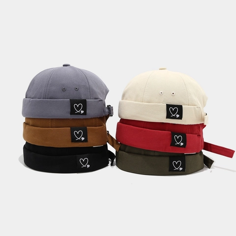 Cotton Docker Hat Brimless Miki Cap With Heart Label Adjustable Retro Streetwear Skull Cap For Men Women Casual