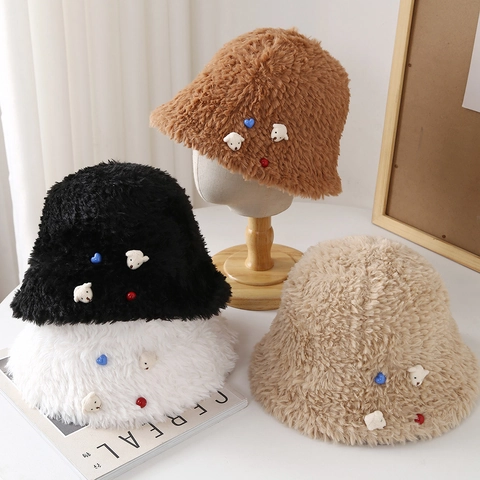 Gorro De Pescador De Felpa Mujer Pelo De Conejo Artificial Cálido Invierno Lindo Oso Corazón Ajustable
