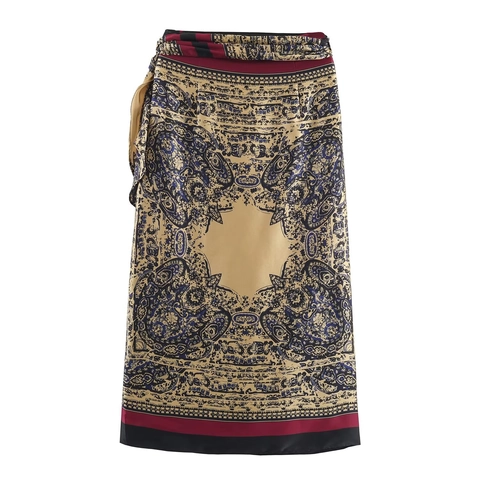 Gonna Midi A Portafoglio In Raso Con Stampa Paisley Vintage Vita Alta Streetwear Sexy Per Donne