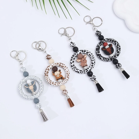 Silikonperlen Schlüsselanhänger Armband Für Damen Herren Handgefertigt Leopard Kuh Druck Quaste Schlüsselanhänger Cartoon Hochlandrind Stierkopf Anhänger Auto Dekoration