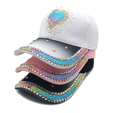 Women Rhinestone Heart Baseball Cap Polyester Twill Adjustable Outdoor Sun Protection Bling Fashion Hat