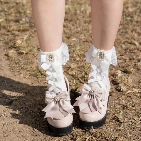 Lolita Socks Cotton Lace Trim Ribbon Bows Artificial Pearl Rhinestone Accents Japanese JK Style Sweet Women Hosiery