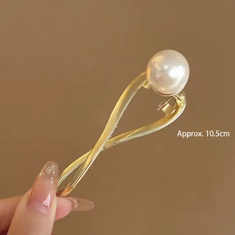 Eleganter Haarclip Aus Legierung Mit Großem Kunstperlen-Dekor Und Twist-Design Metallisches Gold-Finish Mit Künstliche Perlen-Rückenkette