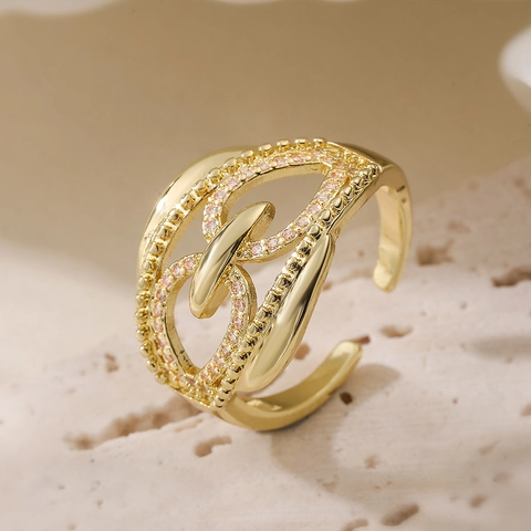 Anello Aperto Cavo Geometrico Irregolare Rame Placcato Oro 18K Zircone Rosa Gioielli Di Moda Regolabili Donna