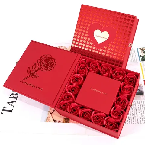 Red Rose Jewelry Gift Box Cardboard Packing With Soap Flowers Gift Bag Greeting Card For Necklace Ring Anniversary