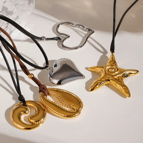 Collana Con Ciondolo A Cuore Stella Marina Conchiglia Vortice In Acciaio Inossidabile Vintage Con Cordino In Pelle Gioielli Boho Per Donna