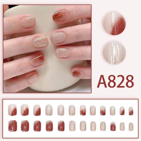 Short Square Round Press On Nails Amber Caramel Gradient Nude Pink Glitter Elegant Marble Artificial Nails With Glue