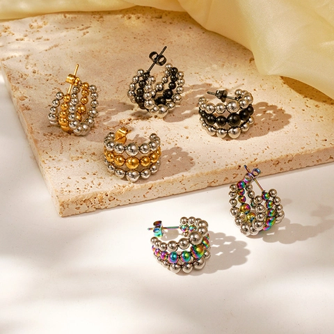 Stainless Steel C-Shaped Hoop Earrings Multi-Row Round Beads Polished Geometric Exaggerated Fashion Jewelry For Women