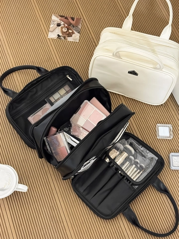 Bolsa De Maquillaje De Gran Capacidad Organizador Cosmético Portátil De Cuero PU De Mano Tres Capas Color Sólido Viaje