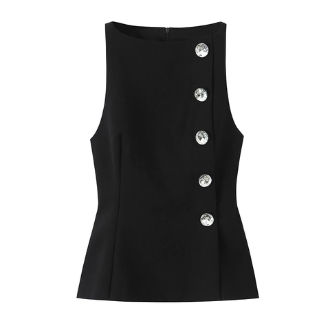 Top Senza Maniche Nero Da Donna E Gonne-Pantalone Con Fiocco A Vita Alta Con Bottoni In Strass Poliestere