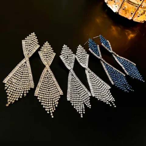 Geometric Crossover Tassel Earrings Rhinestone Copper With 925 Sterling Silver Earring Post Luxury Sparkly Party Women