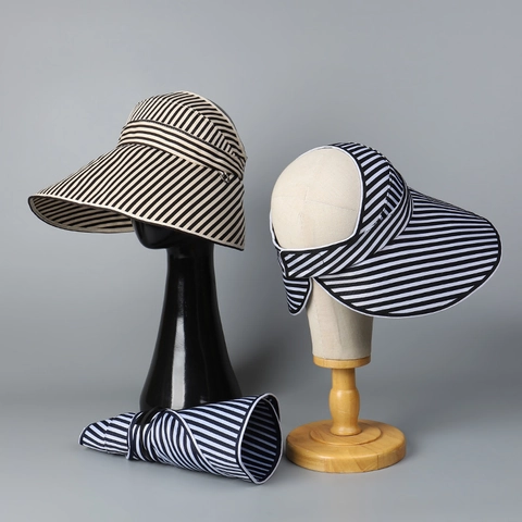 Chapeau De Soleil À Large Bord Pour Femmes Rayé Haut Ouvert Pliable Visière Protection UV Respirant Été Plage Voyage