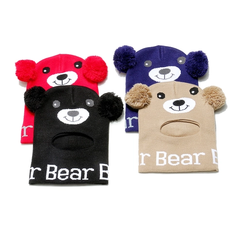 Kids Bear Balaclava Knitted Hat Warm Winter Windproof Integrated Scarf Pullover Cap Pom Poms For Boys Girls Acrylic