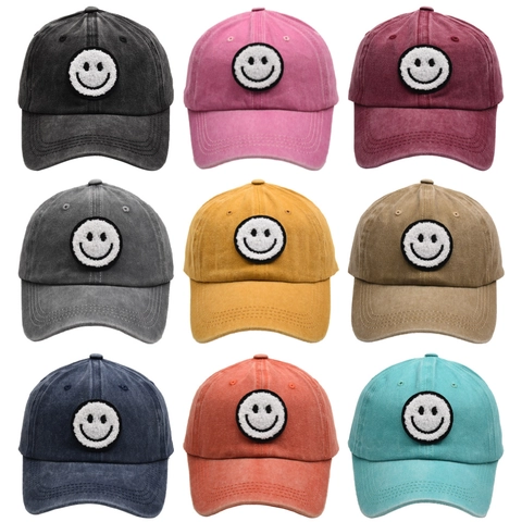 Vintage Washed Cotton Baseball Cap Distressed Smiley Face Embroidery Sun Protection Outdoor Casual For Adult And Kids