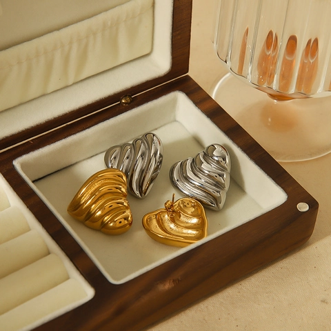 Herz Ohrstecker Edelstahl 18K Vergoldet Rippenwelle Textur 3D Hohl Mode Schmuck Für Frauen