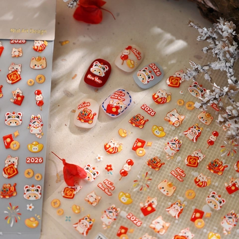 Autocollants À Ongles En Relief 3D 2026 Nouvel An Chinois Chat De La Chance Danse Du Lion Design Manucure Festive Autocollante