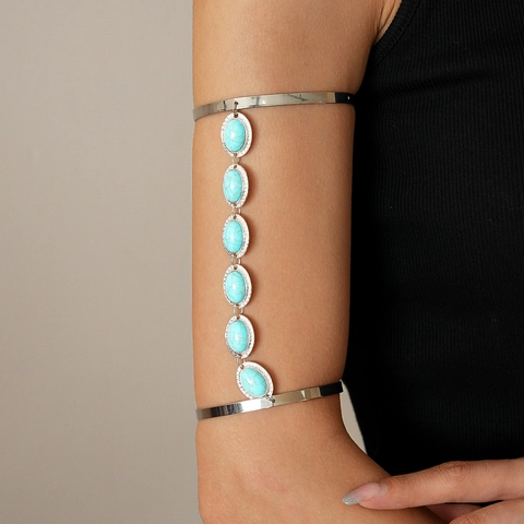 Vintage Synthetic Turquoise Armband Alloy Silver Color Oval Stone Bohemian Upper Arm Bracelet For Women