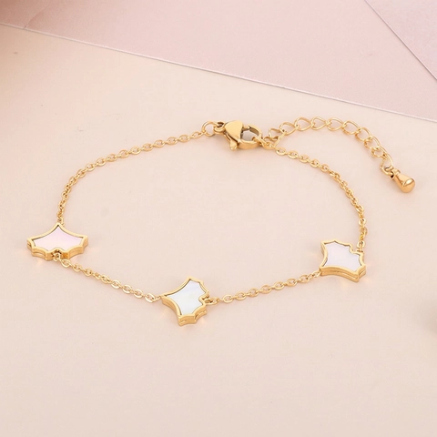 Gingko Leaf Stainless Steel Bracelet With White Mother Of Artificial Pearl Gold Plated Elegant Minimalist Jewelry For Women