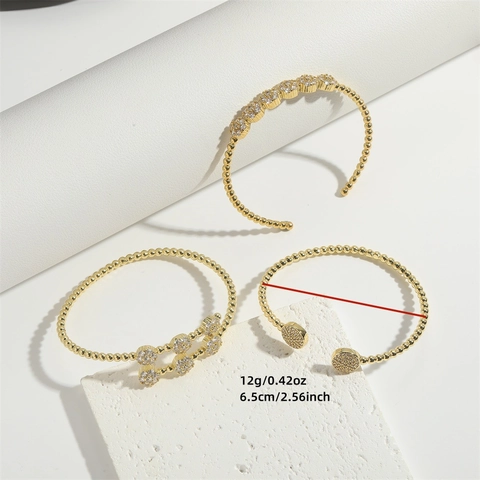 Luxury Copper Zirconia Opening Bangle Bracelet For Women Vintage Gold Plated Beaded Design Cuff Bracelet Fashion Jewelry