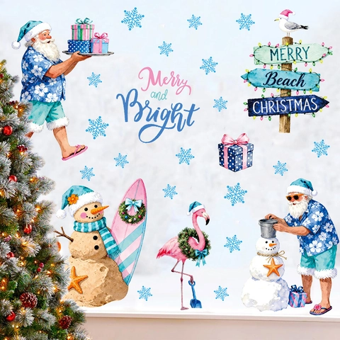 Summer Beach Christmas Wall Stickers PVC Santa Sand Snowman Window Decals Tropical Holiday Party Home Decor Removable