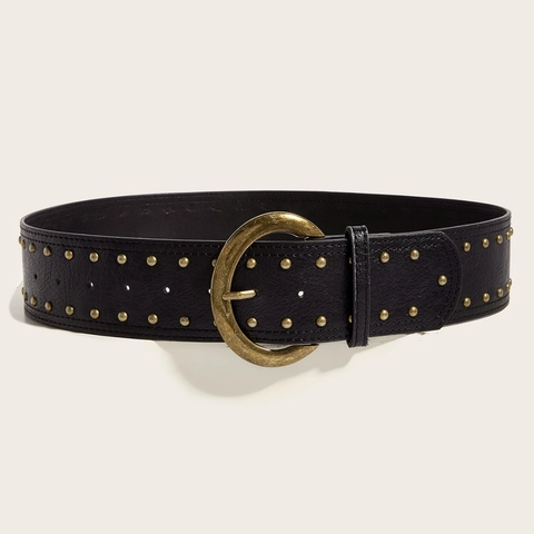 Women Wide PU Leather Belt Vintage Punk Rivet Studded Waist Band With Large Round Alloy Pin Buckle For Dress Jeans
