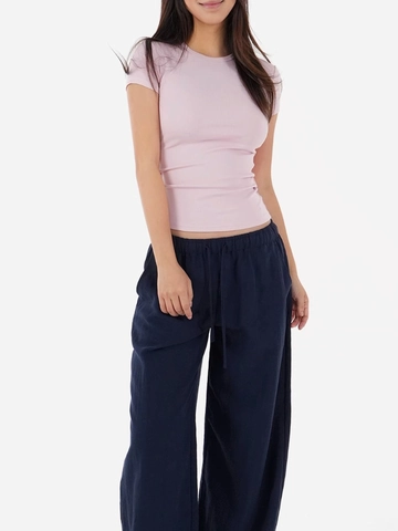 Women Slim Fit Short Sleeve T-Shirt Crew Neck Ribbed Knit Solid Color Elastic Basic Top American Street Style