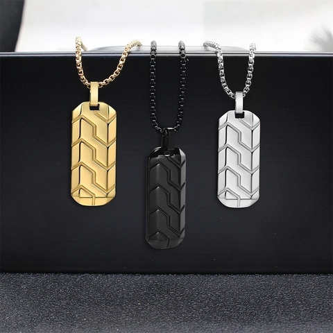 Collar De Acero Inoxidable Para Hombre Con Colgante Rectangular Patrón Neumático Joyería Geométrica Regalo