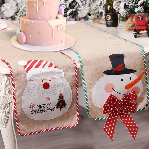 Christmas Table Runner Burlap Linen Look Santa Claus Snowman Pattern Festive Table Decoration For Dining Room Party Home