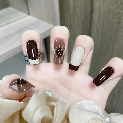 Unghie Finte French Tip Design Argyle Plaid Forma Bara Stile Salone Professionale Manicure Per Donne Finitura Lucida