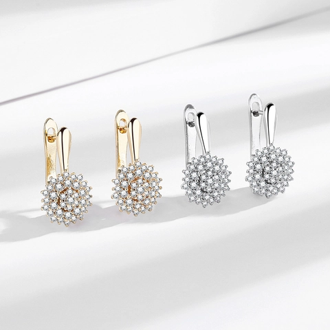 Flower Sunflower Lever Back Hoop Earrings Copper Base With Full Zircon Inlaid Trendy French Style Jewelry For Women