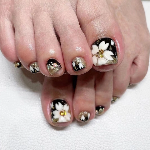 Uñas Postizas Para Pies Cortas Cuadradas Negras Diseño Francés Flores Blancas Purpurina Dorada Strass Artificiales Brillantes