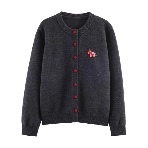 Dames Gebreid Vest Met Ronde Hals En Lange Mouwen Paardenborduurwerk Contrasterende Rode Knopen Casual Gebreide Kleding