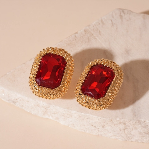 Orecchini A Lobo Rettangolari Vintage Con Strass Rossi E Perno In Argento Lega Bordo Dorato Per Donna