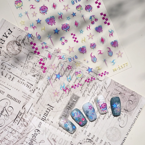 Y2K Style Nail Art Stickers Holographic Laser Embossed Stars Fire Cherry Smile Design DIY Manicure Decals For Women