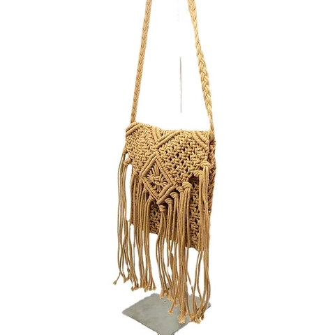 Handgefertigte Gewebte Schultertasche Mit Fransen Boho Macrame Baumwollseil Geometrische Umhängetasche Für Damen Strand