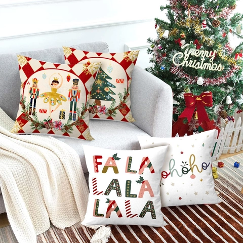 Housses De Coussin De Noël Tissu Polyester Texture Lin Dessin Animé Casse-Noisette Sapin De Noël Motifs Décoration Maison