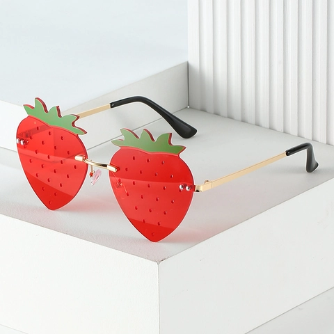 Lunettes De Soleil Sans Monture En Forme De Fraise Cadre Métallique Protection UV400 Drôle Pour Fête Festival Mode