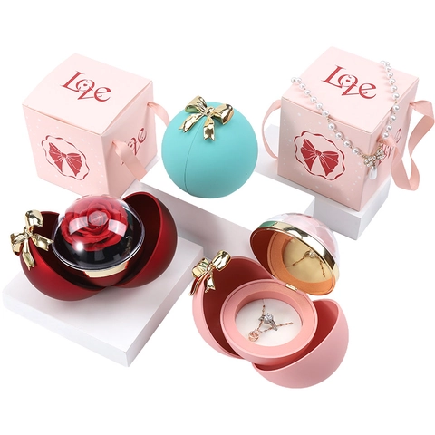 Joyero De Rosa Preservada Esférica Lazo Magnético Flor Eterna Organizador De Anillos Collares Regalo San Valentín