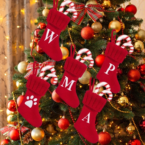 Calza Di Natale In Maglia Lettera Alfabeto Zampa Ornamento Appeso Sacchetto Di Caramelle Porta Posate Rosso Arredamento