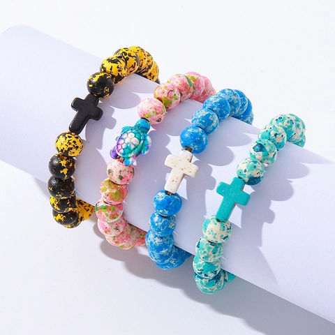 Beaded Bracelet Natural Stone Wood Turtle Cross Charm Handmade Religious Sports Holiday Universal Fashion Jewelry